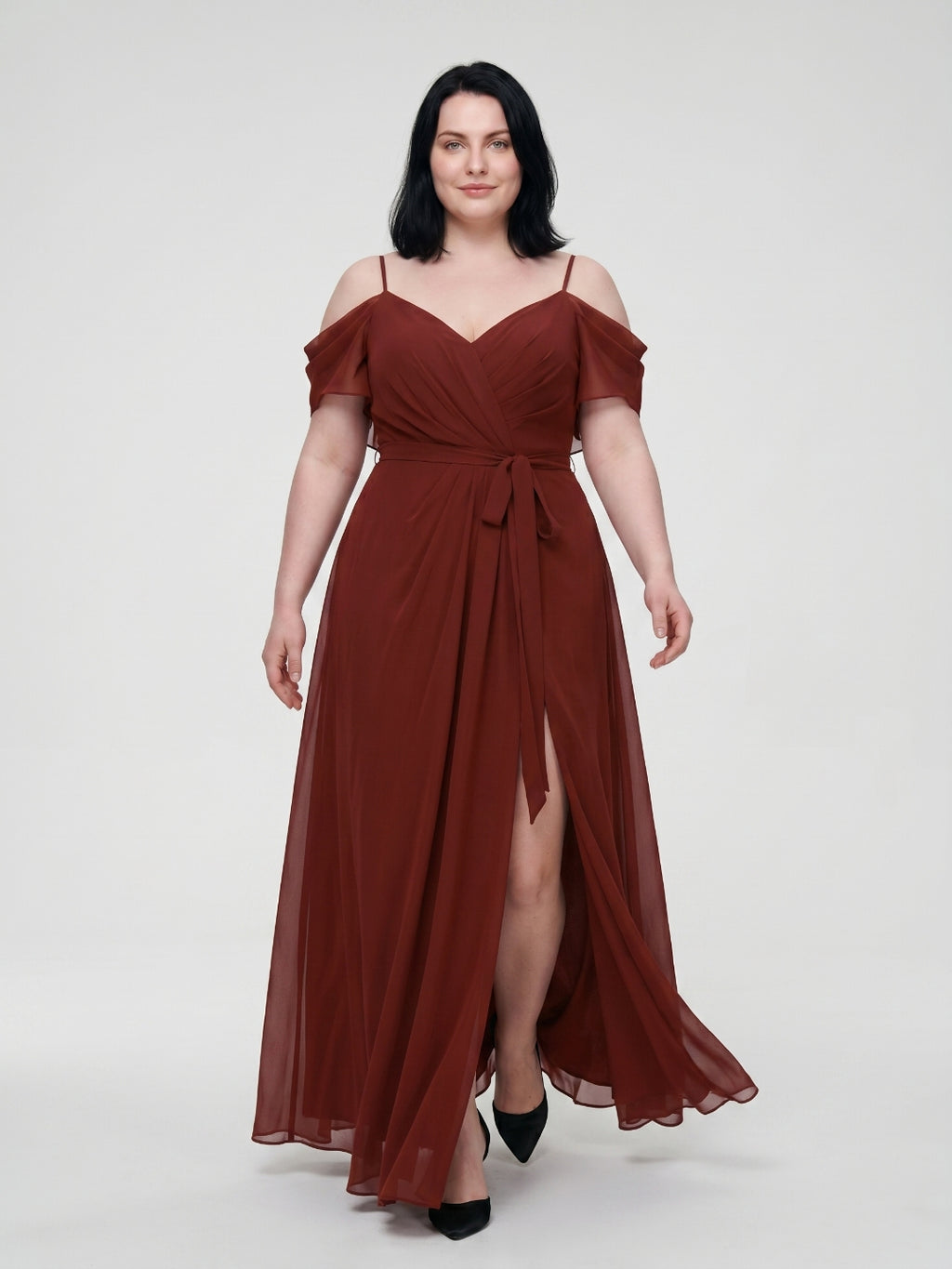 Burgundy Chiffon V-Neck Back Zip A-Line Ankle-Length  Plus Size Bridesmaid Dress