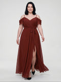 Burgundy Chiffon V-Neck Back Zip A-Line Ankle-Length  Plus Size Bridesmaid Dress