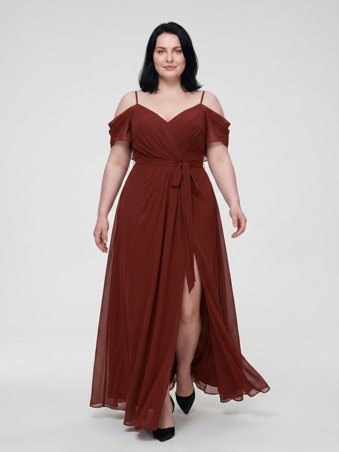 Burgundy Chiffon V-Neck Back Zip A-Line Ankle-Length  Plus Size Bridesmaid Dress