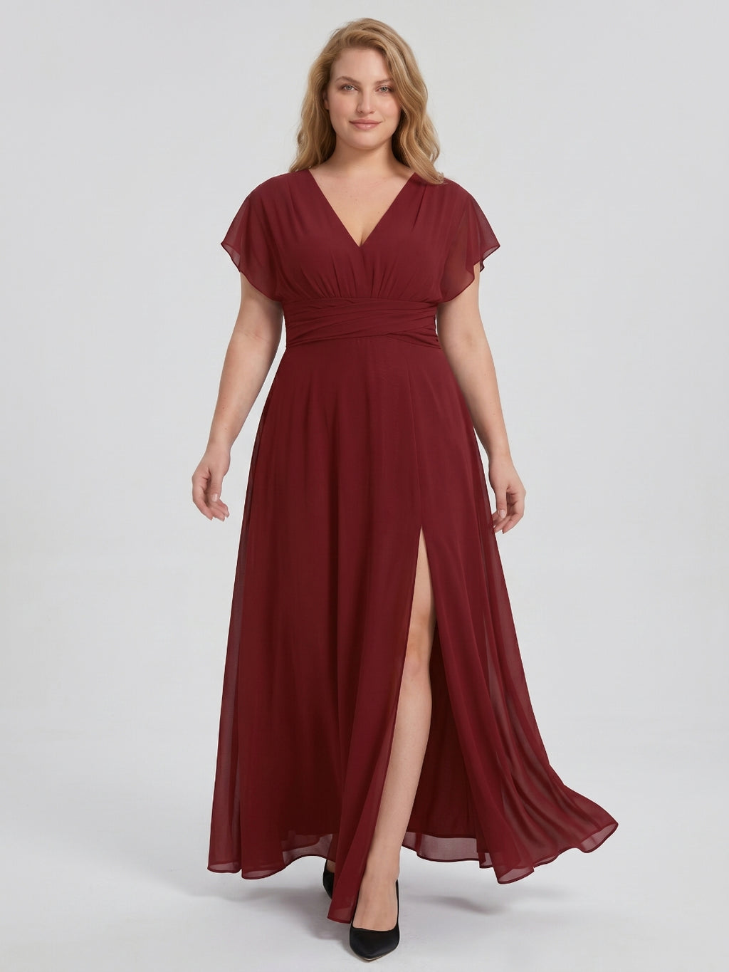 Burgundy Chiffon V-Neck Lace-up A-Line Ankle-Length Plus Size Bridesmaid Dress
