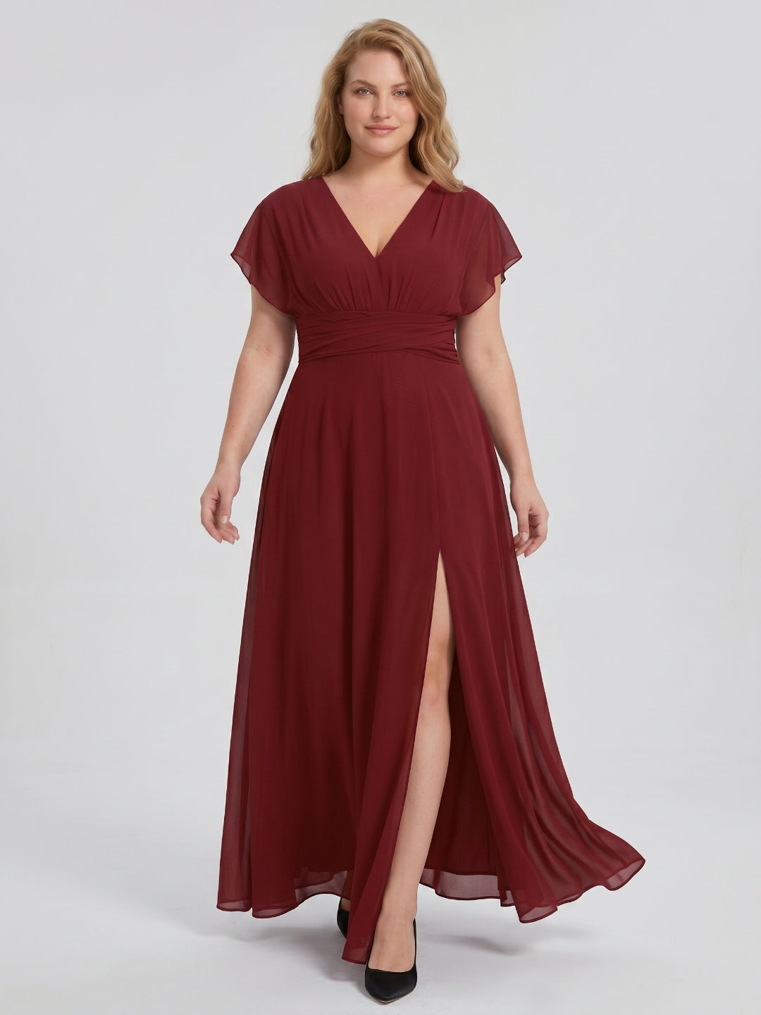 Burgundy Chiffon V-Neck Lace-up A-Line Ankle-Length Plus Size Bridesmaid Dress