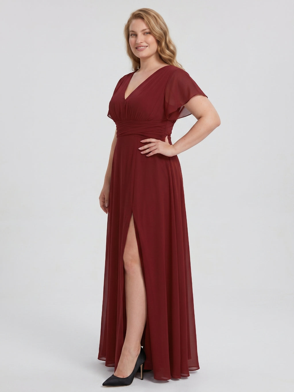 Burgundy Chiffon V-Neck Lace-up A-Line Ankle-Length Plus Size Bridesmaid Dress