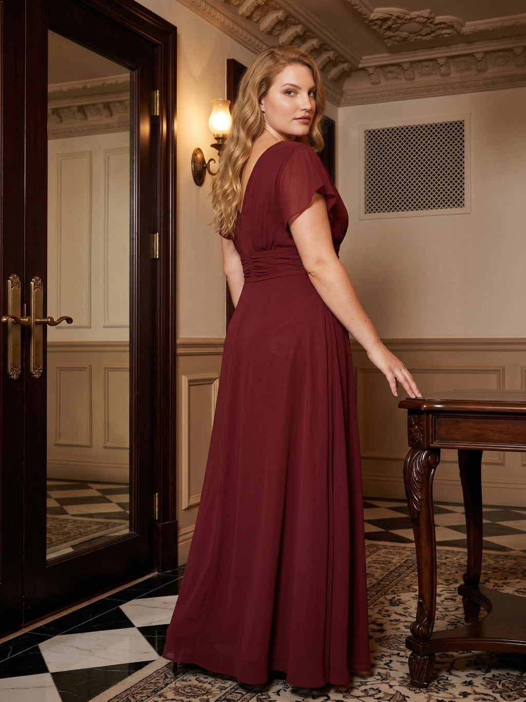 Burgundy Chiffon V-Neck Lace-up A-Line Ankle-Length Plus Size Bridesmaid Dress