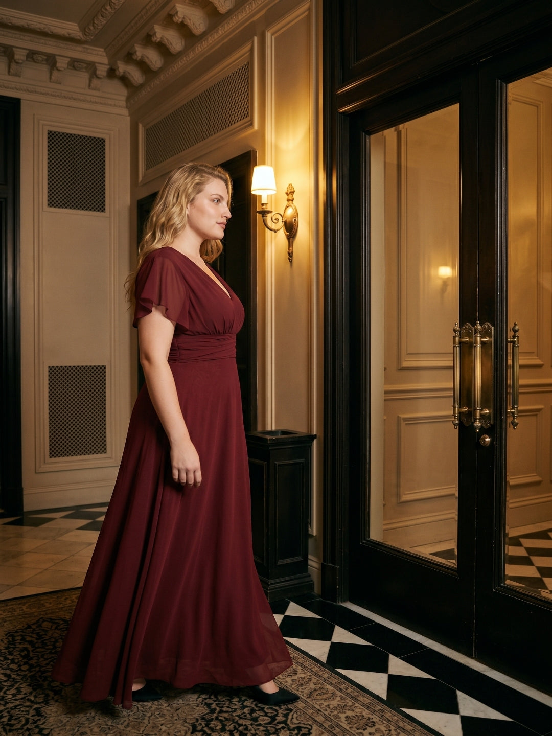 Burgundy Chiffon V-Neck Lace-up A-Line Ankle-Length Plus Size Bridesmaid Dress