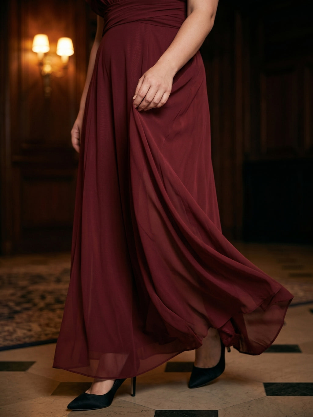 Burgundy Chiffon V-Neck Lace-up A-Line Ankle-Length Plus Size Bridesmaid Dress