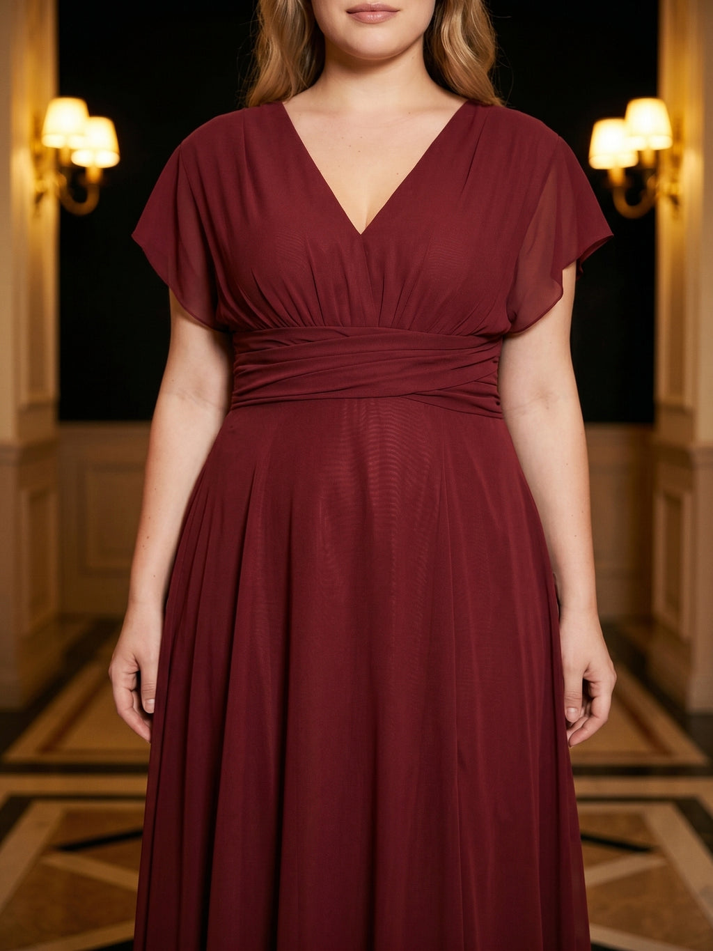 Burgundy Chiffon V-Neck Lace-up A-Line Ankle-Length Plus Size Bridesmaid Dress