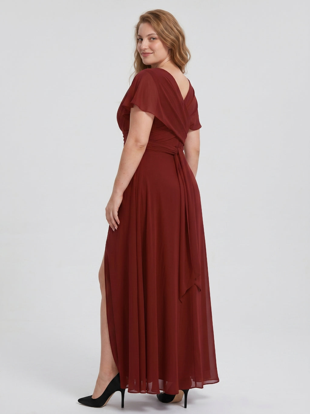 Burgundy Chiffon V-Neck Lace-up A-Line Ankle-Length Plus Size Bridesmaid Dress