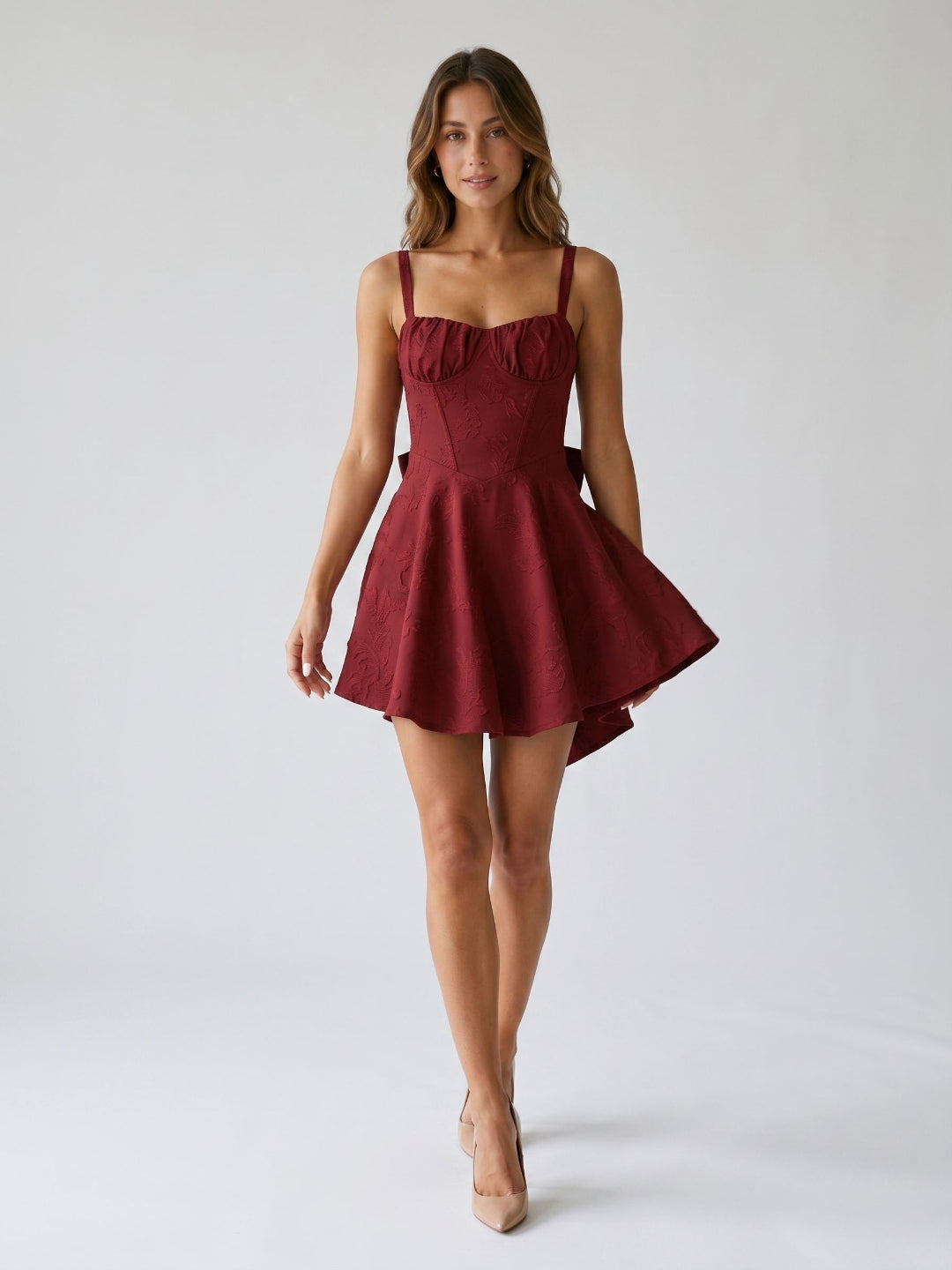 Burgundy Jacquard A-Line Square Neck Back Zip Short Birthday Dress with Bow