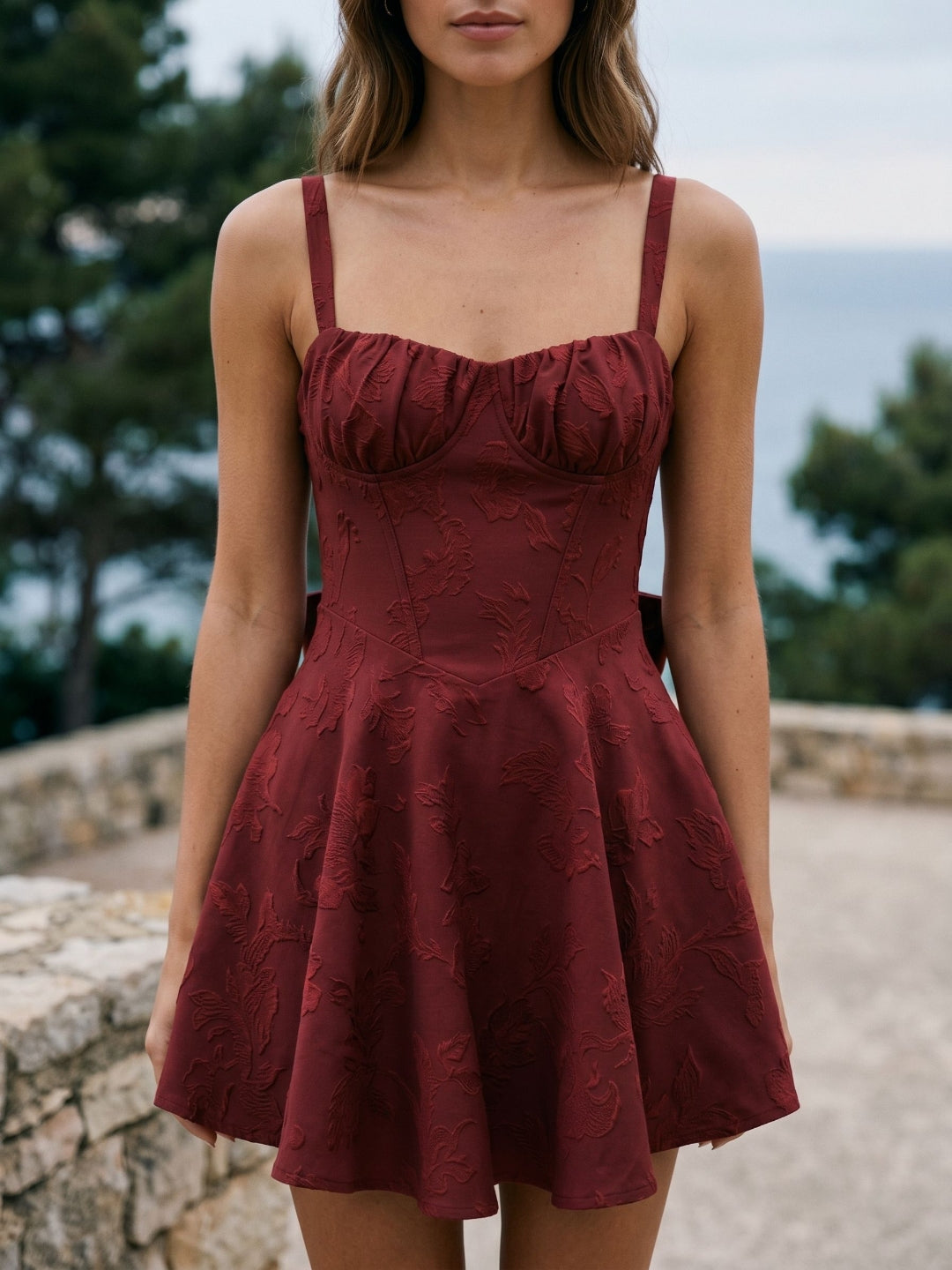 Burgundy Jacquard A-Line Square Neck Back Zip Short Birthday Dress with Bow