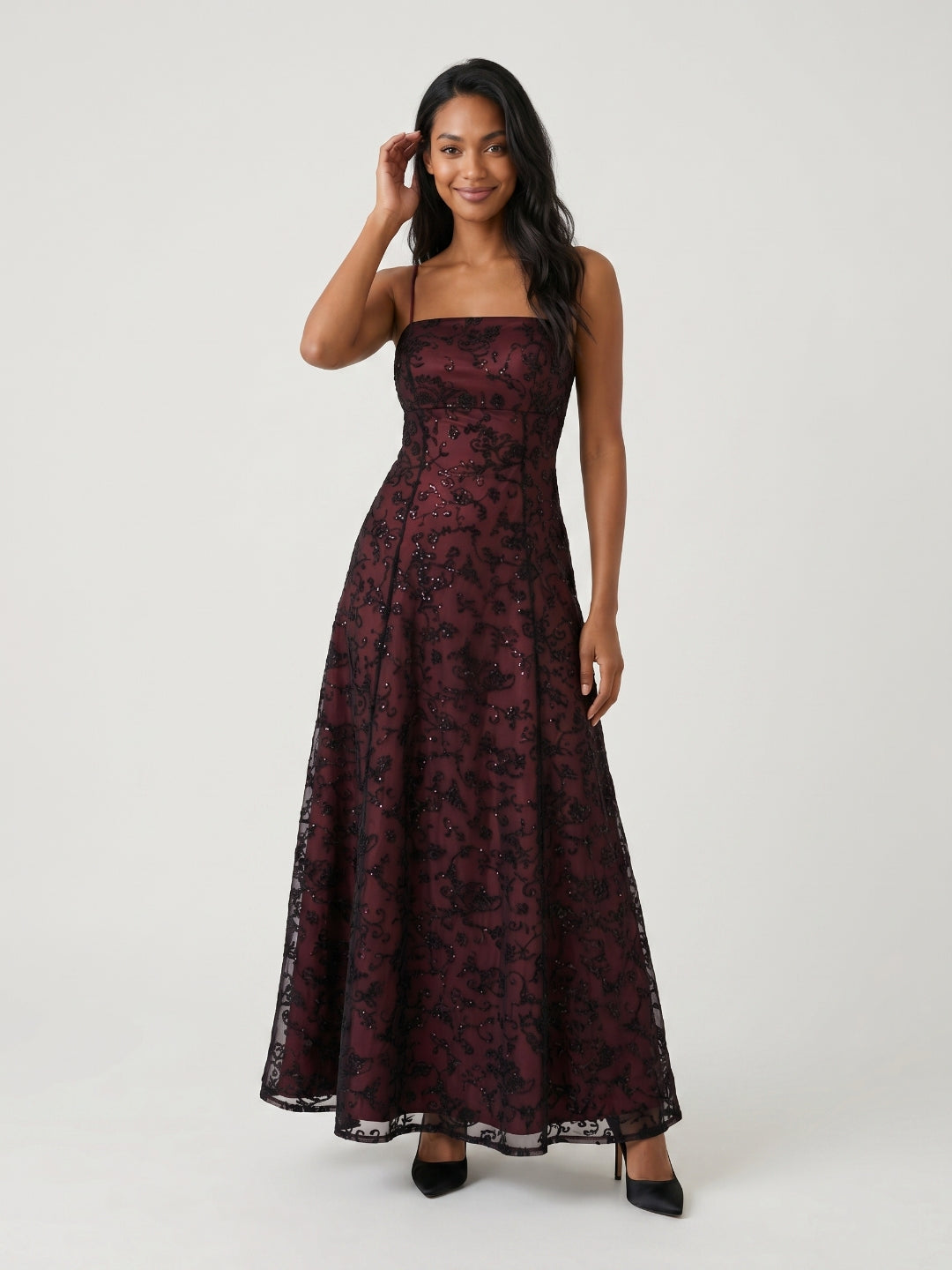 Burgundy Jacquard Sheath Straight Neck Backless Floor-Length Prom Dress