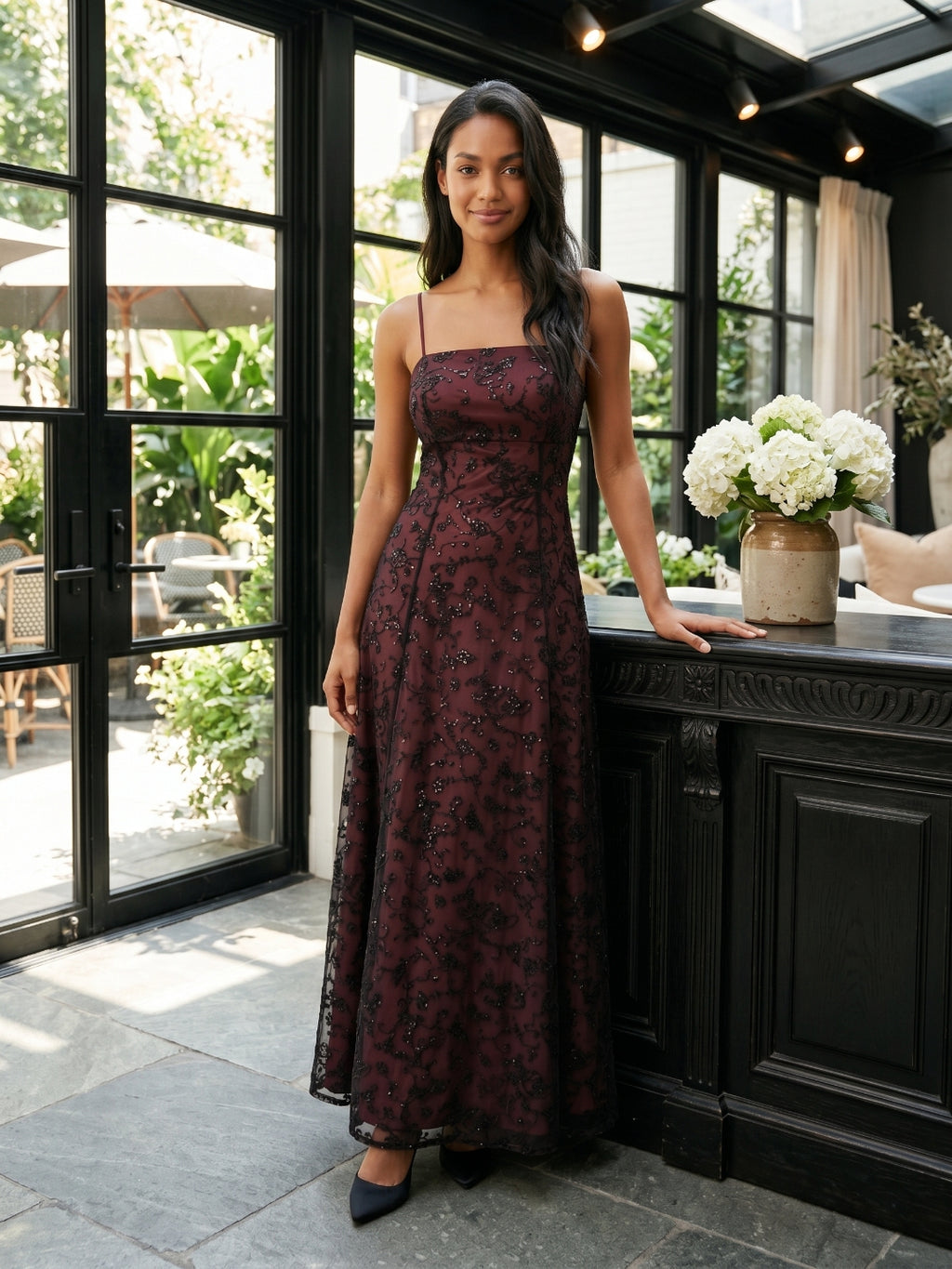 Burgundy Jacquard Sheath Straight Neck Backless Floor-Length Prom Dress