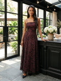 Burgundy Jacquard Sheath Straight Neck Backless Floor-Length Prom Dress