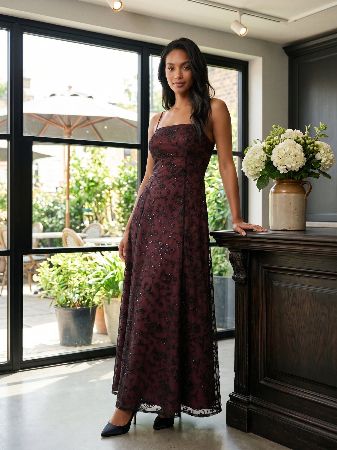 Burgundy Jacquard Sheath Straight Neck Backless Floor-Length Prom Dress