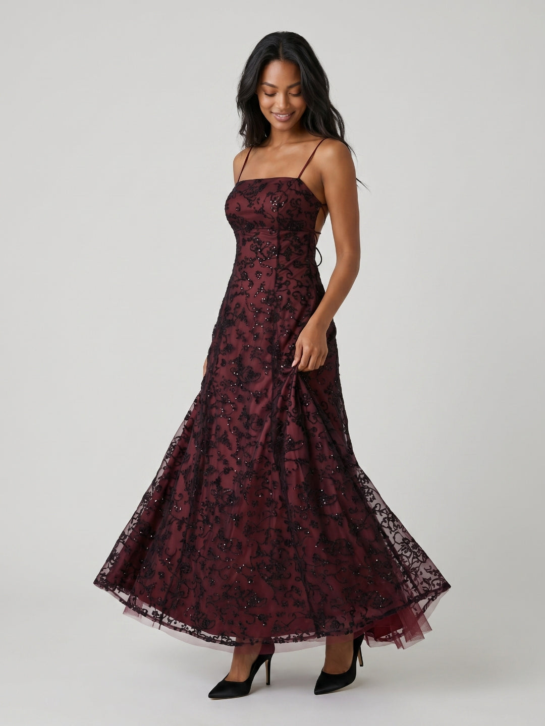 Burgundy Jacquard Sheath Straight Neck Backless Floor-Length Prom Dress