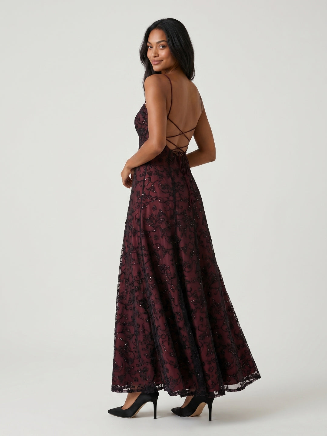 Burgundy Jacquard Sheath Straight Neck Backless Floor-Length Prom Dress