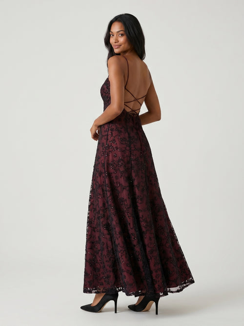 Burgundy Jacquard Sheath Straight Neck Backless Floor-Length Prom Dress