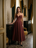 Burgundy Matte Satin A-Line Sweetheart Back Zip Floor-Length Pleated Prom Dress