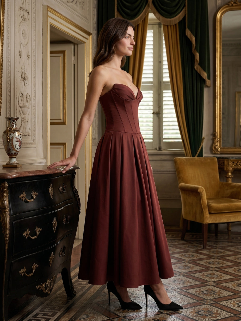 Burgundy Matte Satin A-Line Sweetheart Back Zip Floor-Length Pleated Prom Dress
