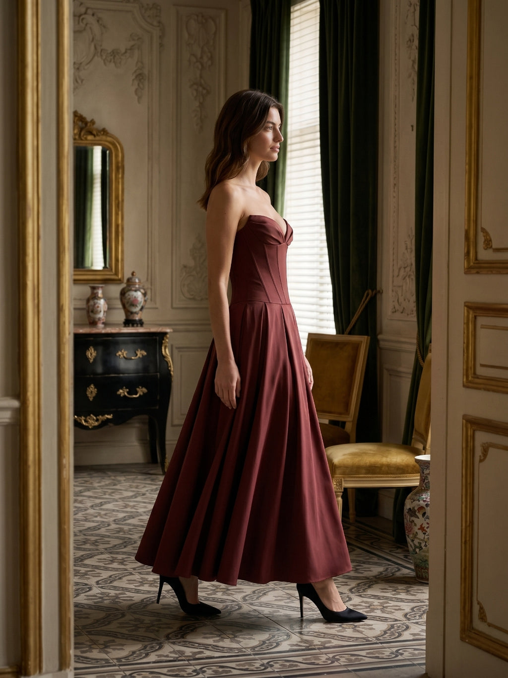 Burgundy Matte Satin A-Line Sweetheart Back Zip Floor-Length Pleated Prom Dress