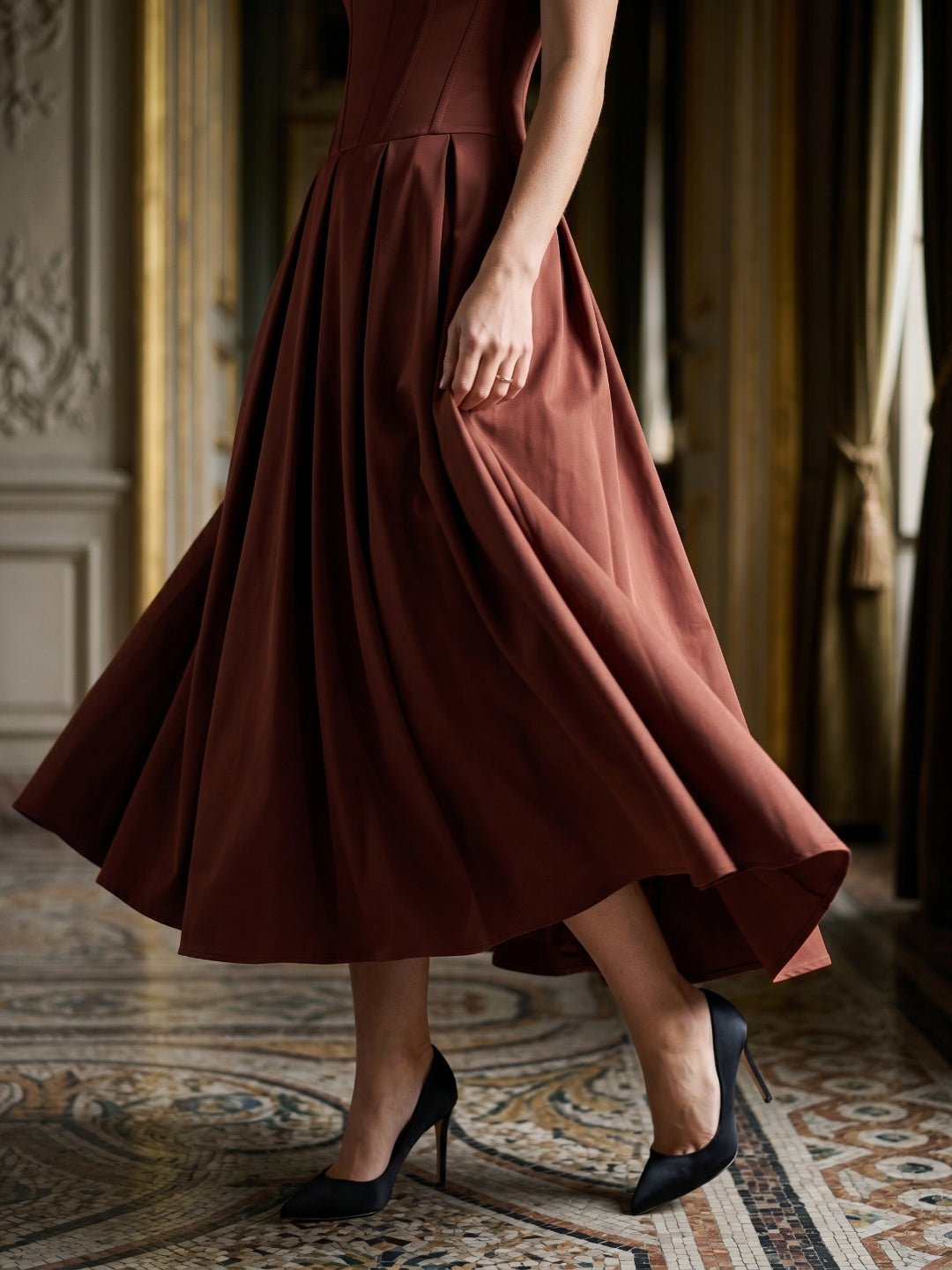 Burgundy Matte Satin A-Line Sweetheart Back Zip Floor-Length Pleated Prom Dress