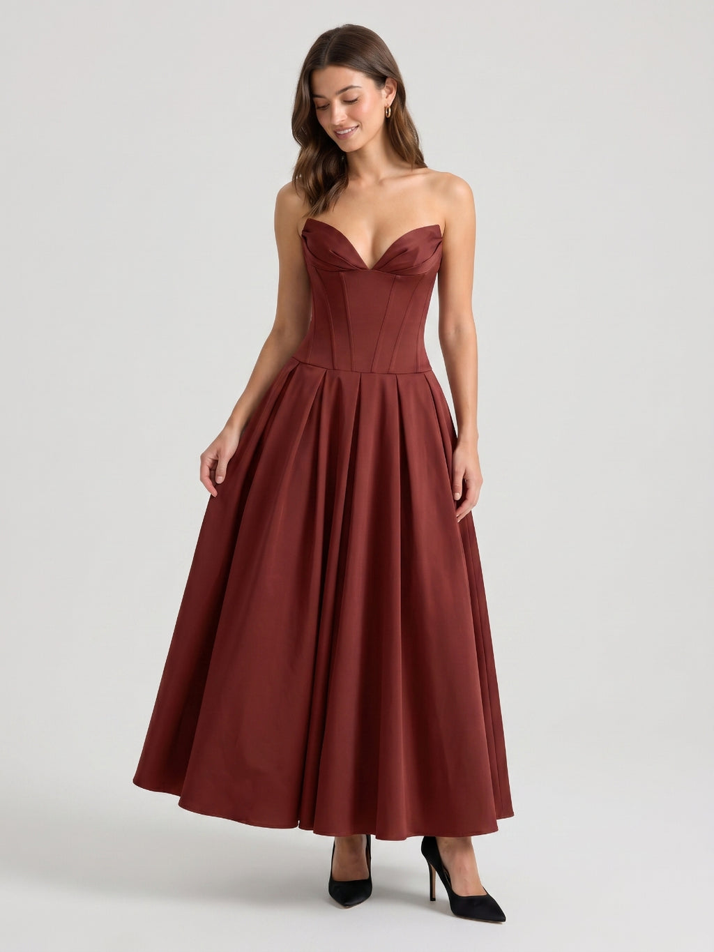 Burgundy Matte Satin A-Line Sweetheart Back Zip Floor-Length Pleated Prom Dress