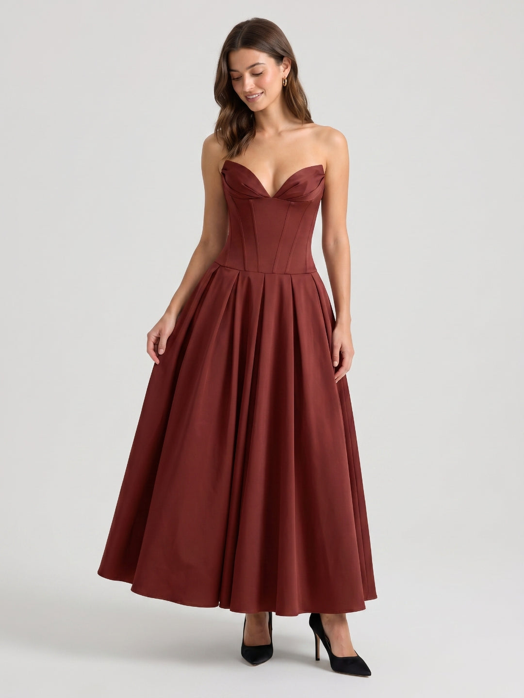 Burgundy Matte Satin A-Line Sweetheart Back Zip Floor-Length Pleated Prom Dress