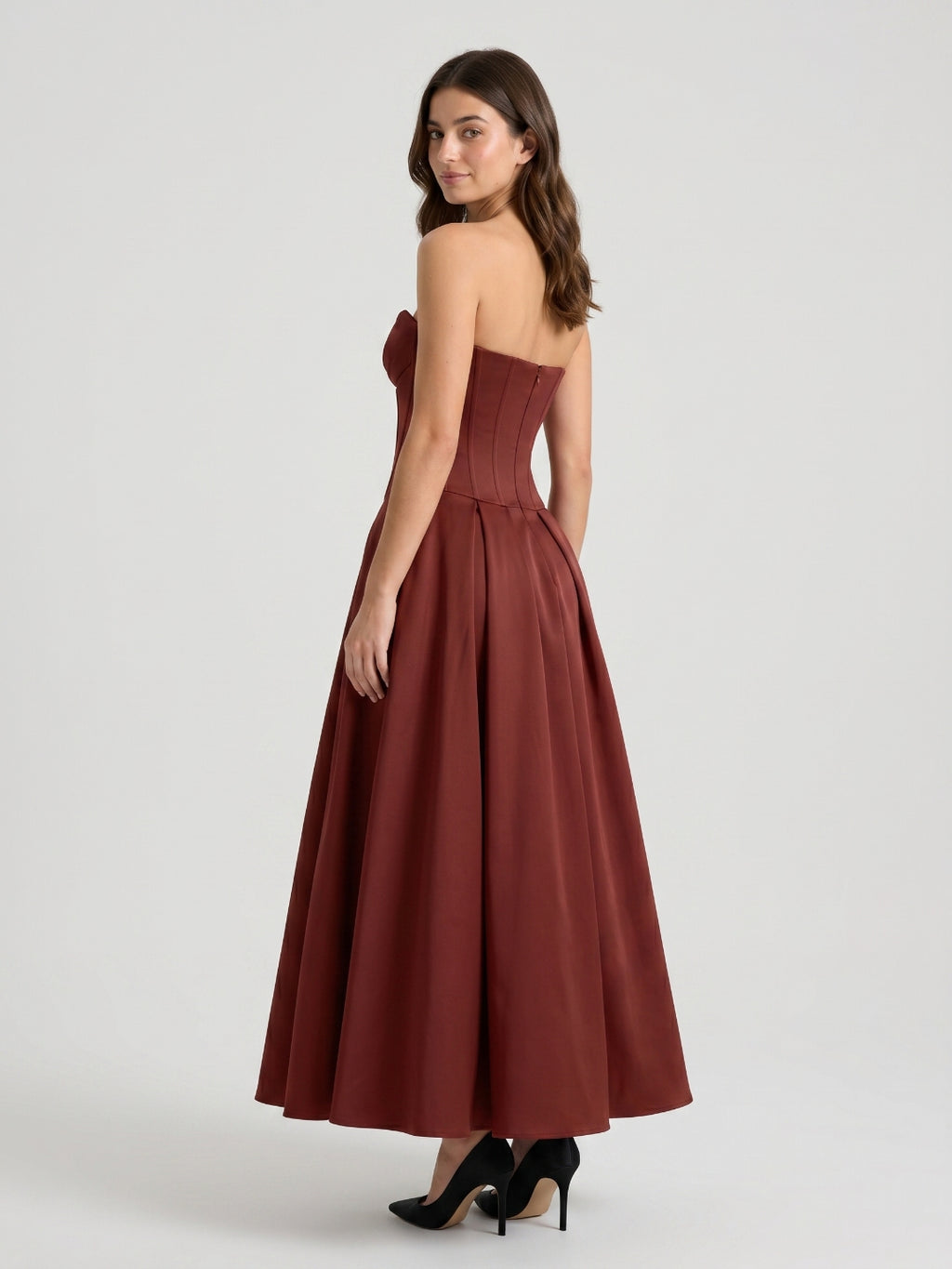 Burgundy Matte Satin A-Line Sweetheart Back Zip Floor-Length Pleated Prom Dress