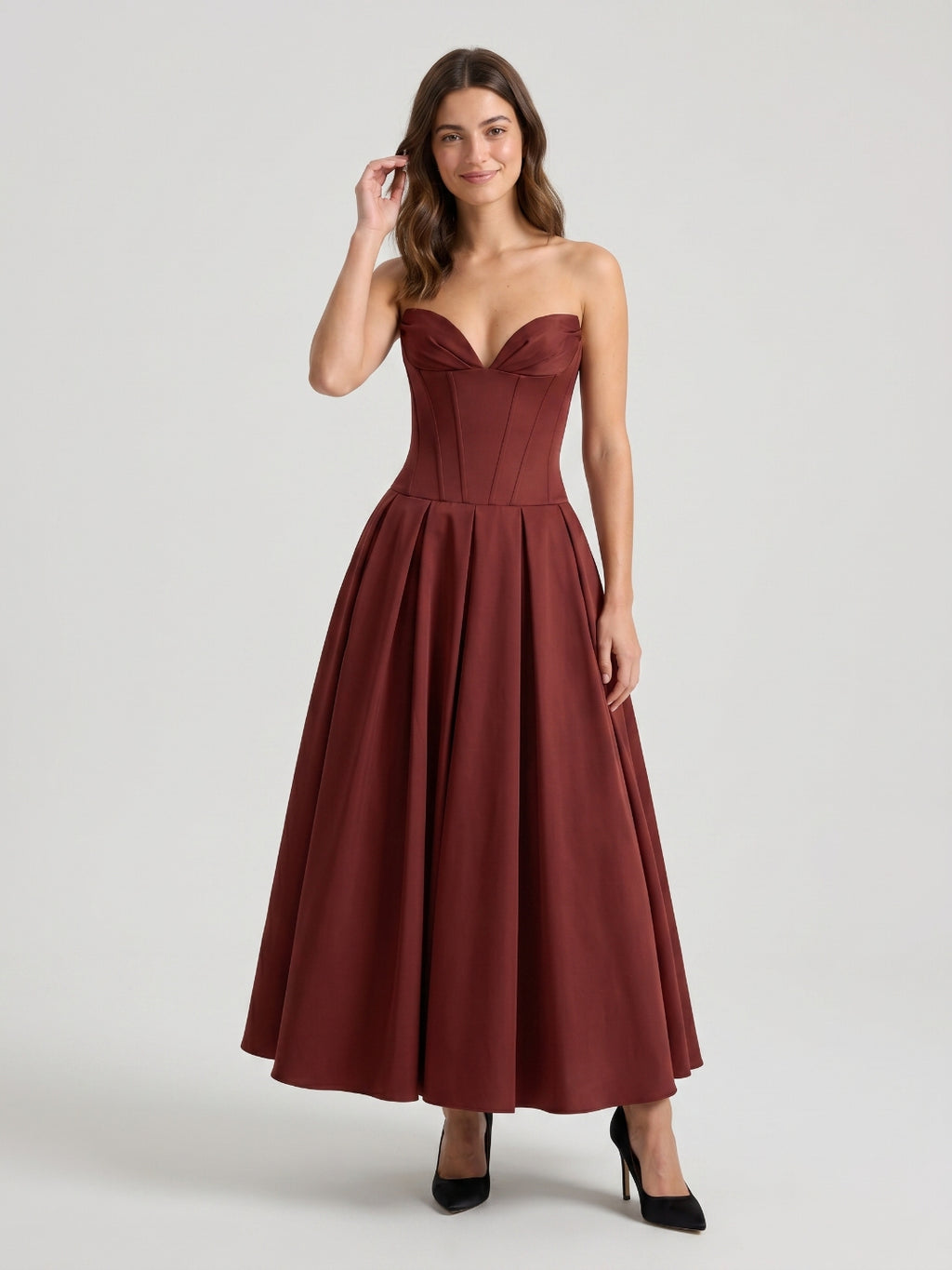 Burgundy Matte Satin A-Line Sweetheart Back Zip Floor-Length Pleated Prom Dress