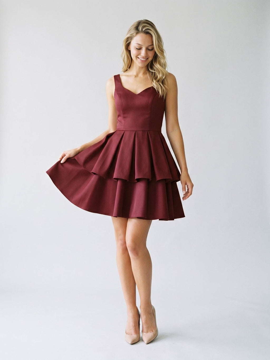 Burgundy Matte Satin A-Line V-Neck Back Zip Short Birthday Dress with Pleating
