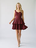 Burgundy Matte Satin A-Line V-Neck Back Zip Short Birthday Dress with Pleating