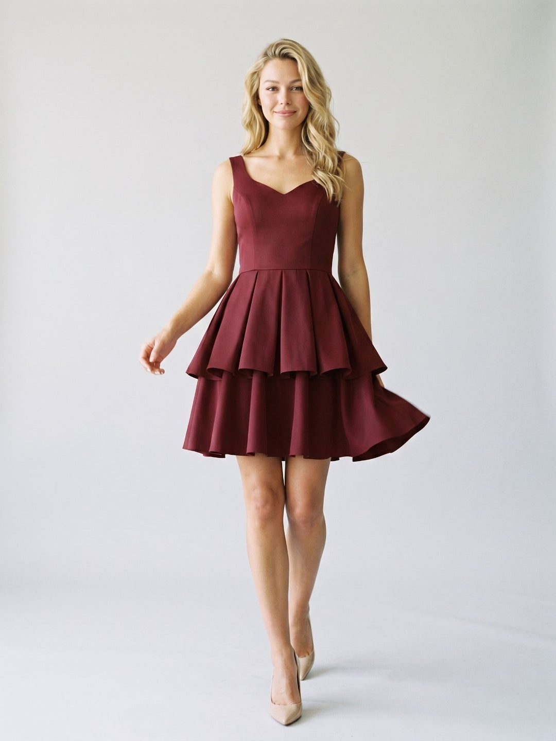 Burgundy Matte Satin A-Line V-Neck Back Zip Short Birthday Dress with Pleating