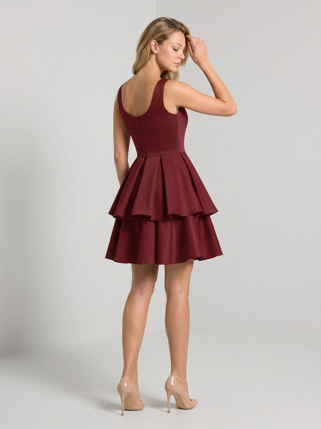 Burgundy Matte Satin A-Line V-Neck Back Zip Short Birthday Dress with Pleating