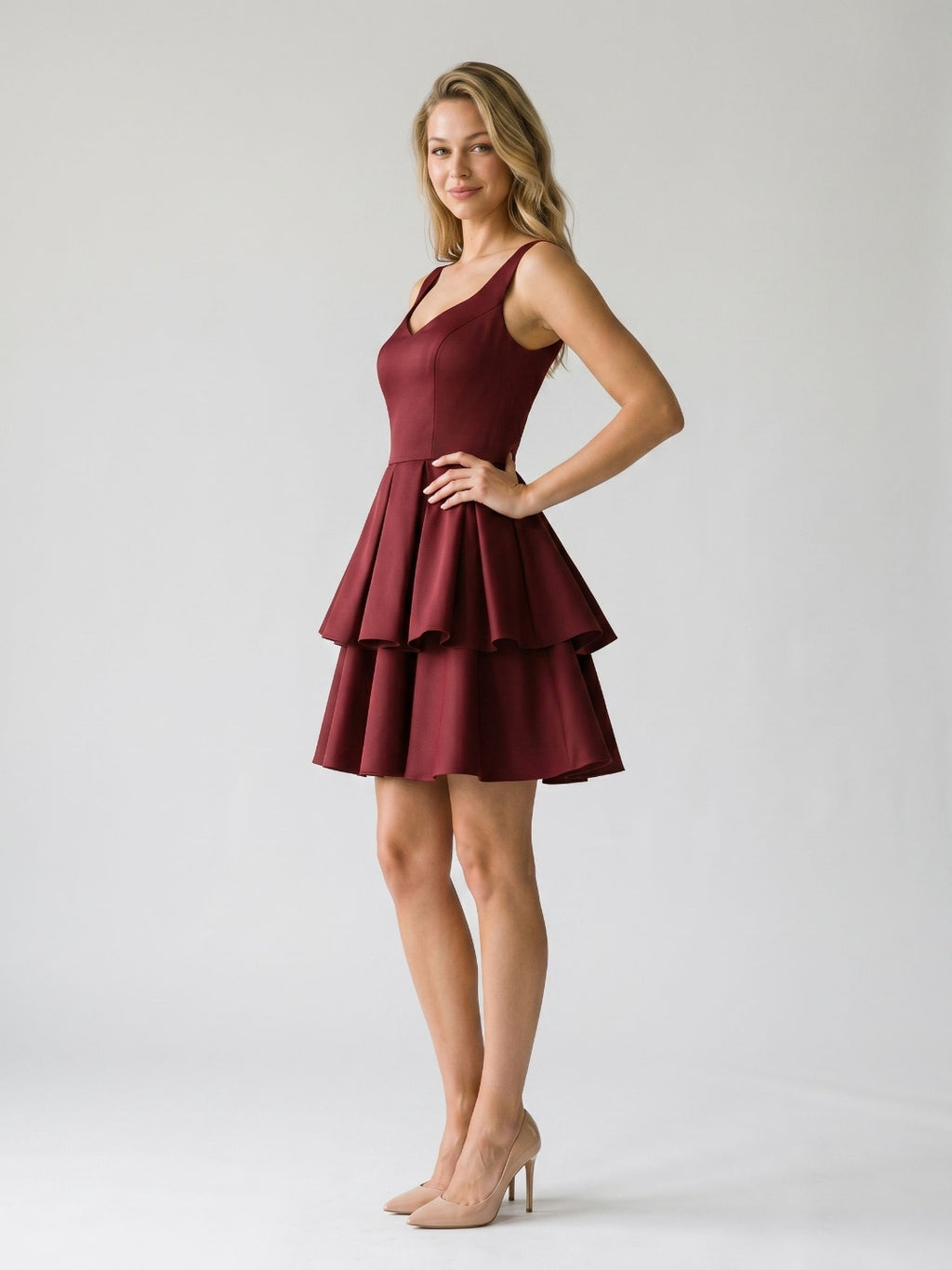 Burgundy Matte Satin A-Line V-Neck Back Zip Short Birthday Dress with Pleating