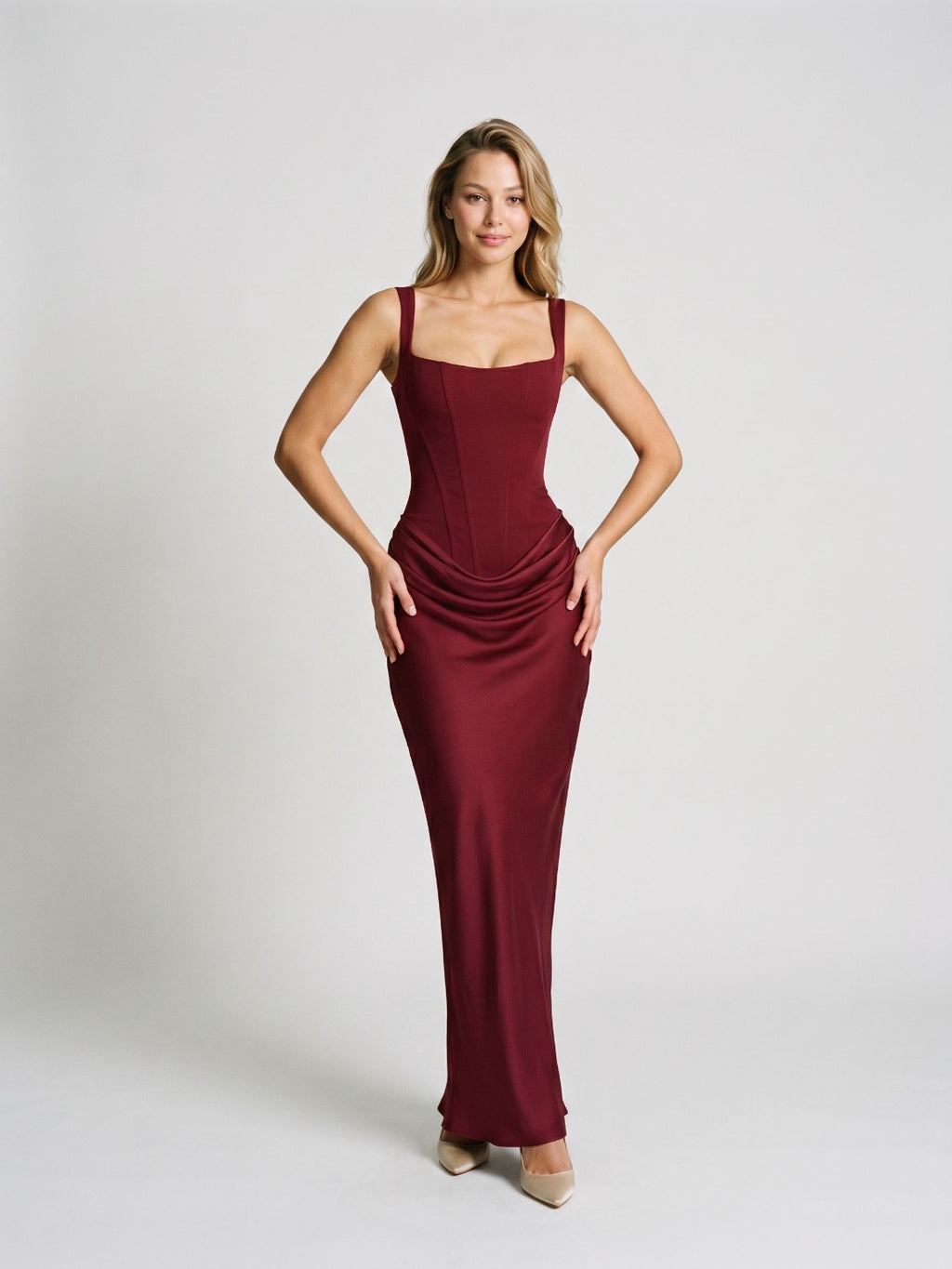 Burgundy Matte Satin Sheath Square Neck Corset Back Floor-Length Formal Dress with Pleating