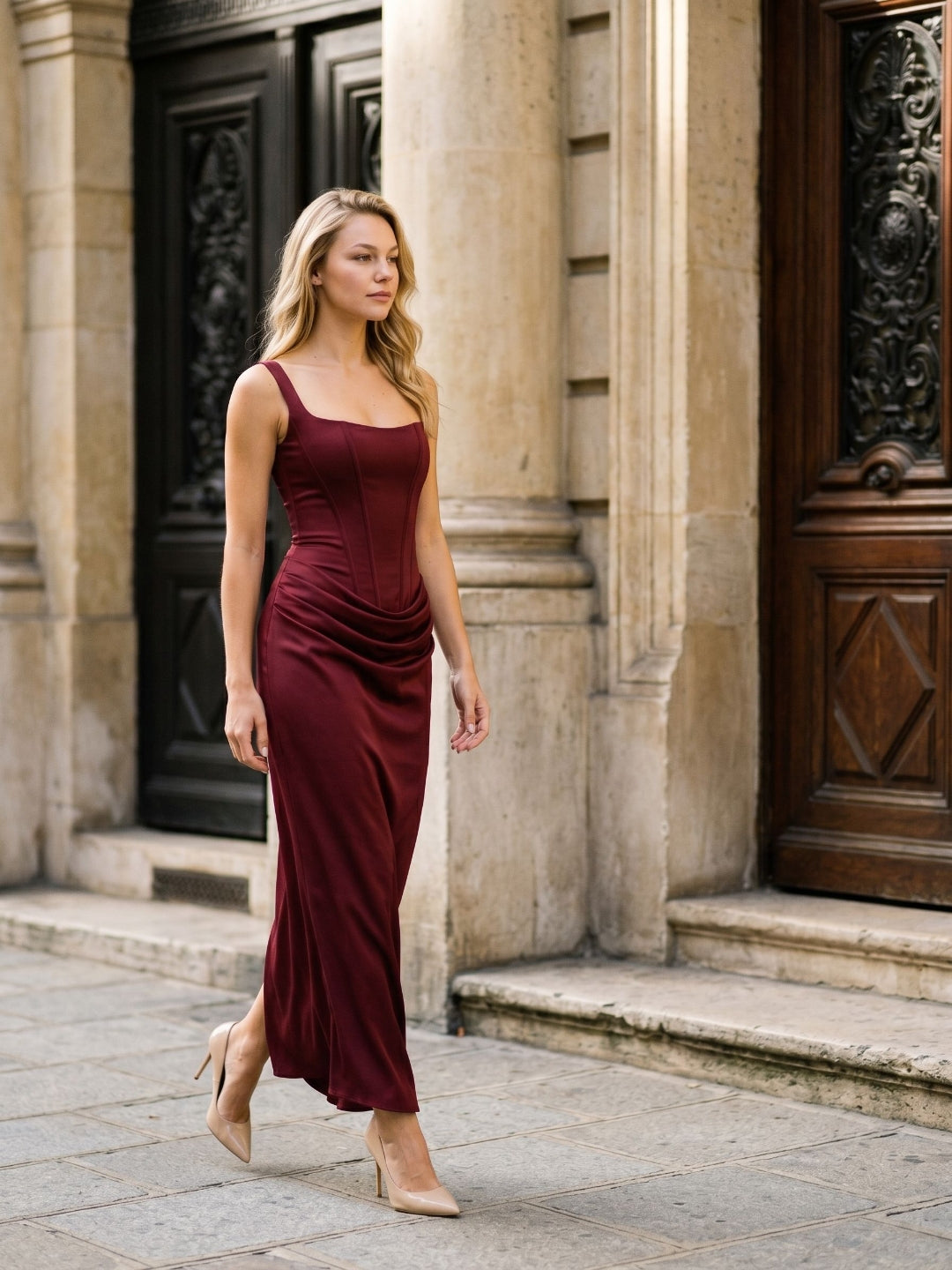 Burgundy Matte Satin Sheath Square Neck Corset Back Floor-Length Formal Dress with Pleating