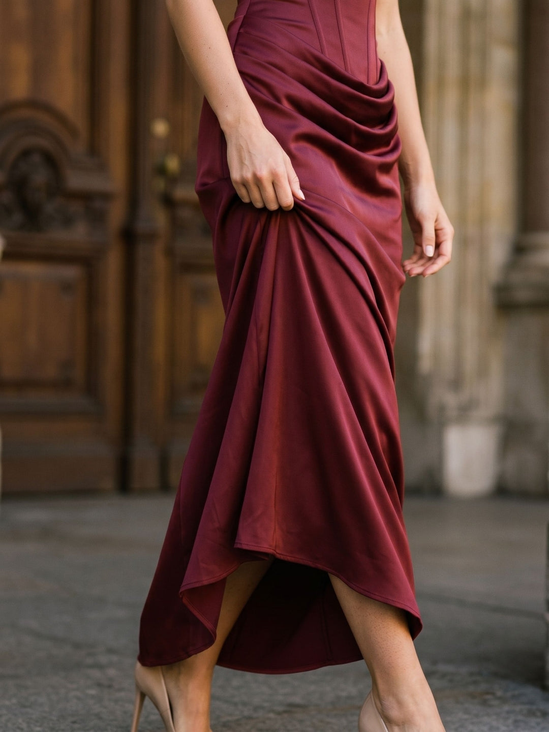 Burgundy Matte Satin Sheath Square Neck Corset Back Floor-Length Formal Dress with Pleating