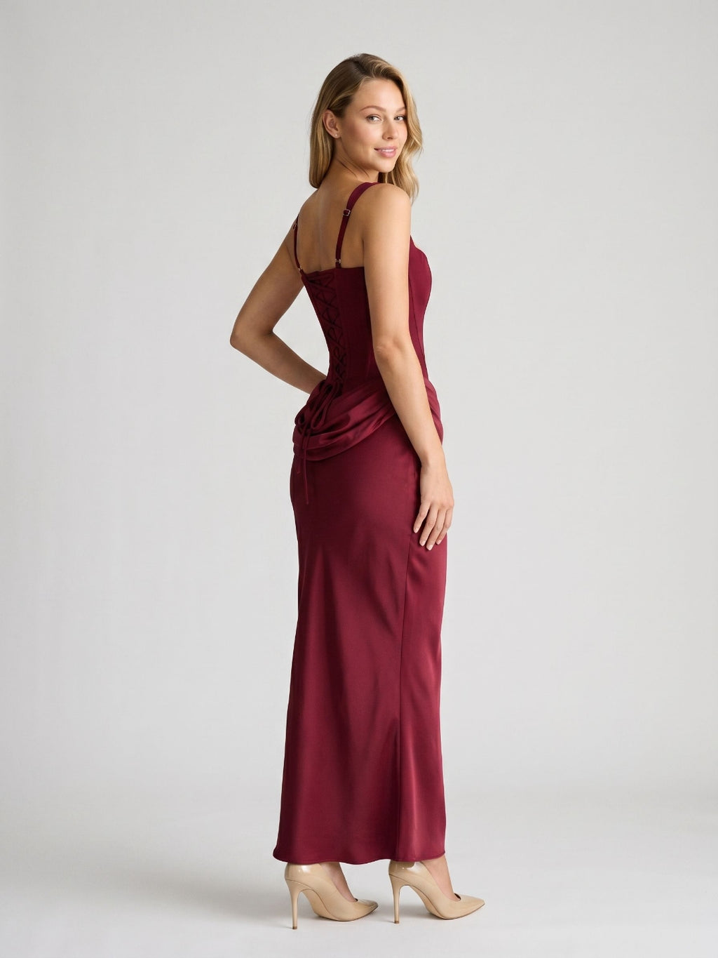 Burgundy Matte Satin Sheath Square Neck Corset Back Floor-Length Formal Dress with Pleating