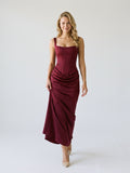 Burgundy Matte Satin Sheath Square Neck Corset Back Floor-Length Formal Dress with Pleating