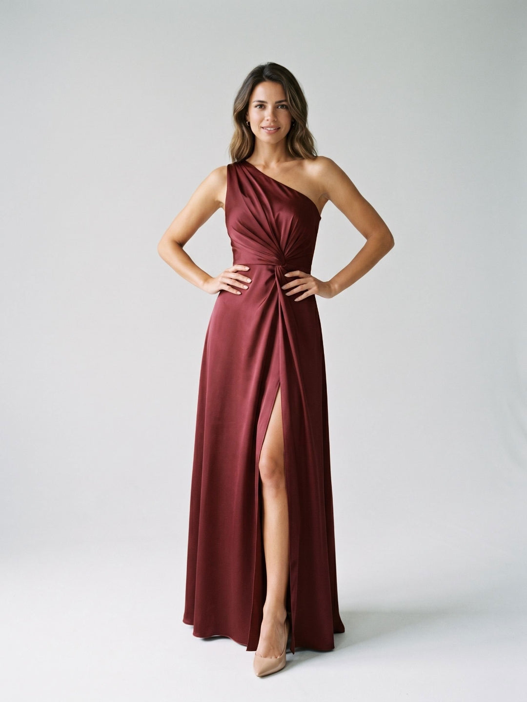Burgundy Satin A-Line One Shoulder Back Zip Floor-Length Party Dress with Pleating