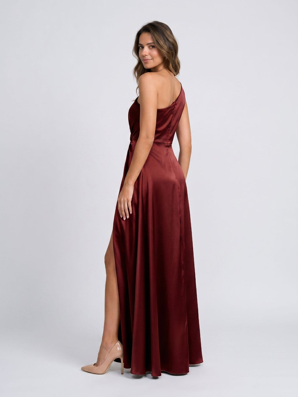 Burgundy Satin A-Line One Shoulder Back Zip Floor-Length Party Dress with Pleating