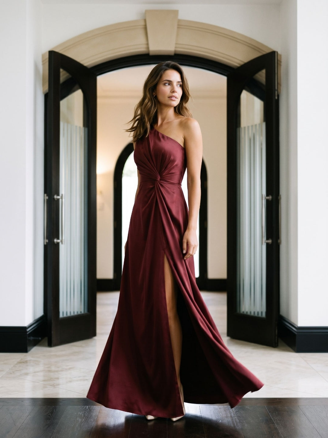 Burgundy Satin A-Line One Shoulder Back Zip Floor-Length Party Dress with Pleating