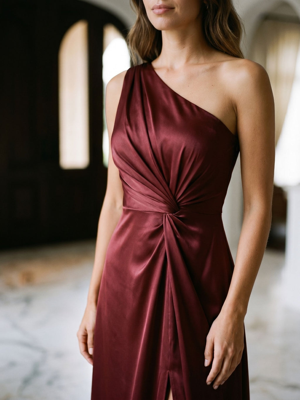 Burgundy Satin A-Line One Shoulder Back Zip Floor-Length Party Dress with Pleating
