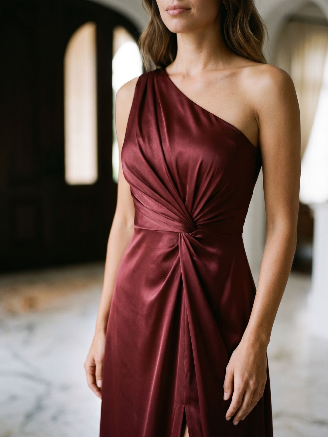 Burgundy Satin A-Line One Shoulder Back Zip Floor-Length Party Dress with Pleating