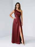 Burgundy Satin A-Line One Shoulder Back Zip Floor-Length Party Dress with Pleating