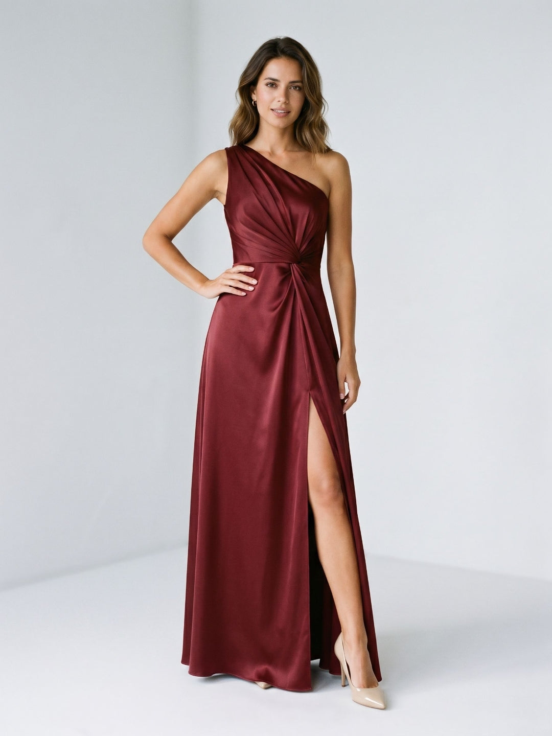 Burgundy Satin A-Line One Shoulder Back Zip Floor-Length Party Dress with Pleating