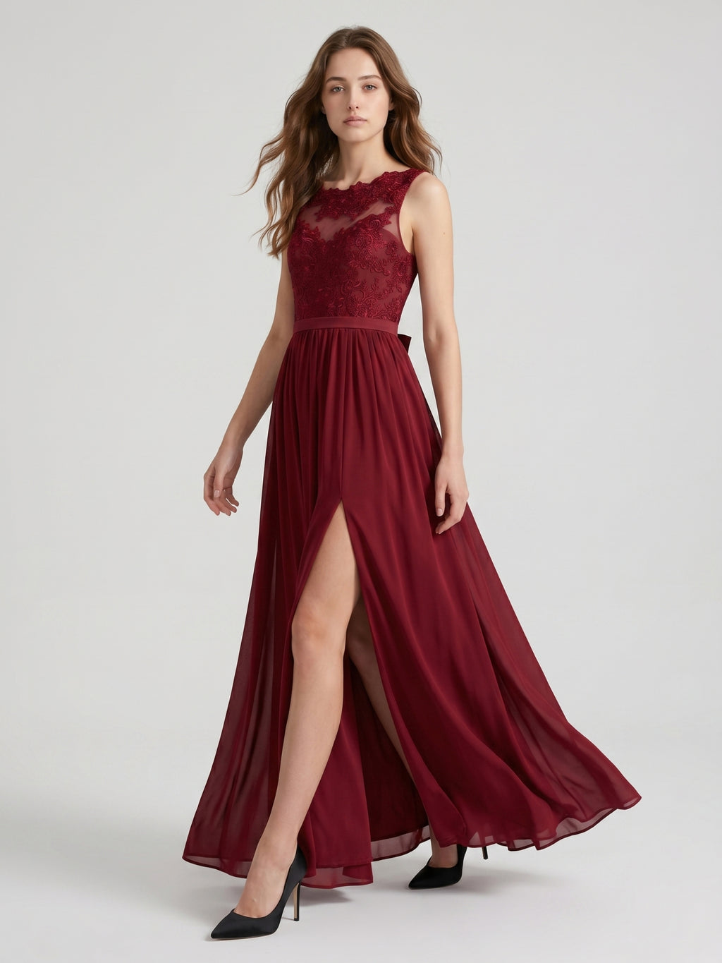 Burgundy Satin A-Line Scoop Neck V-Back Ankle-Length Bridesmaid Dress with Bow