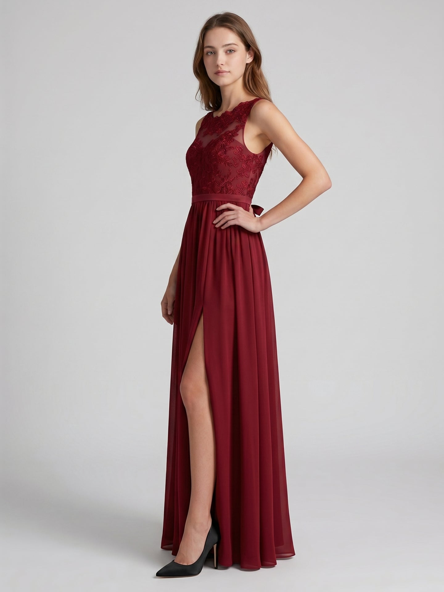 Burgundy Satin A-Line Scoop Neck V-Back Ankle-Length Bridesmaid Dress with Bow