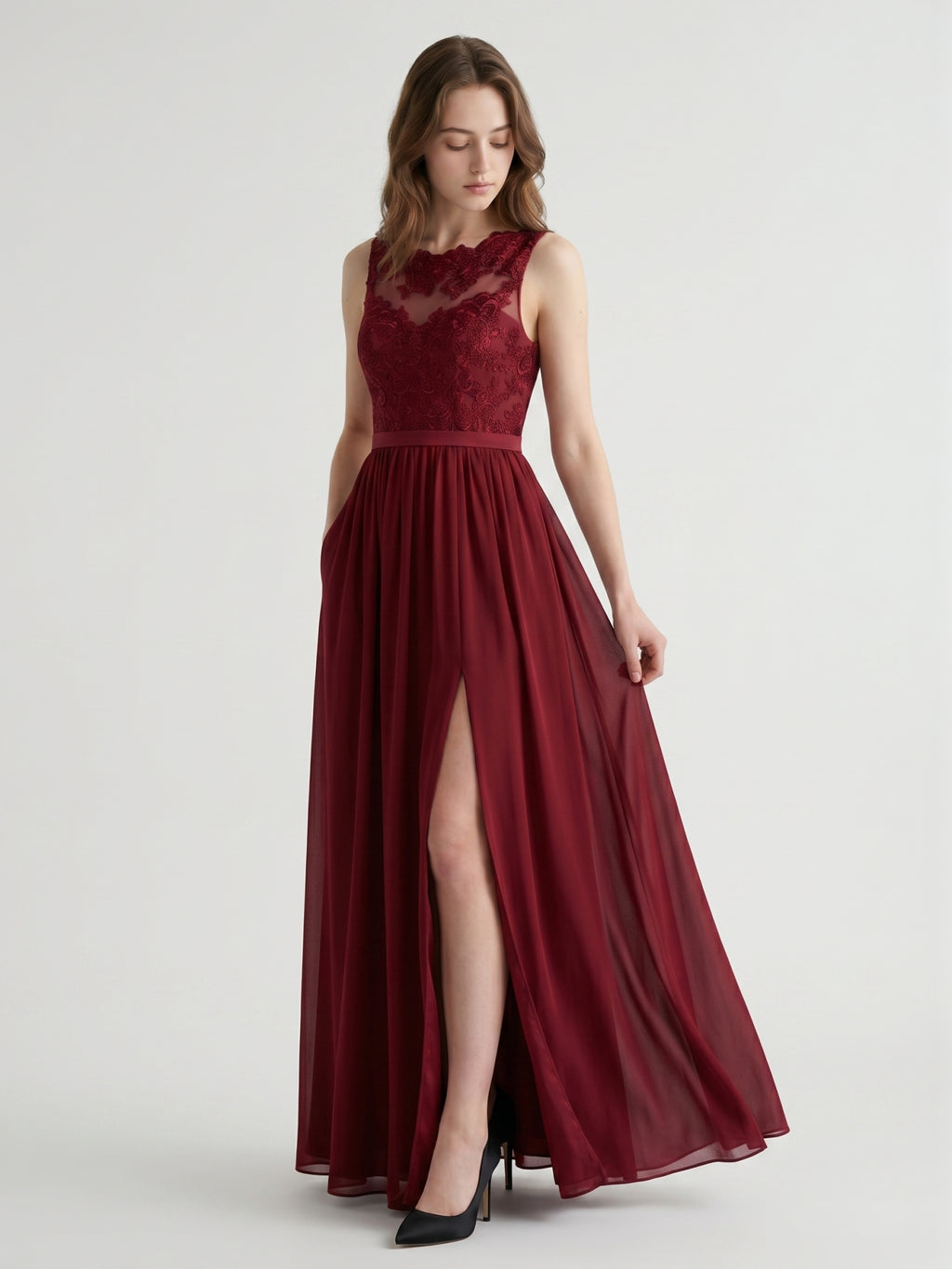 Burgundy Satin A-Line Scoop Neck V-Back Ankle-Length Bridesmaid Dress with Bow