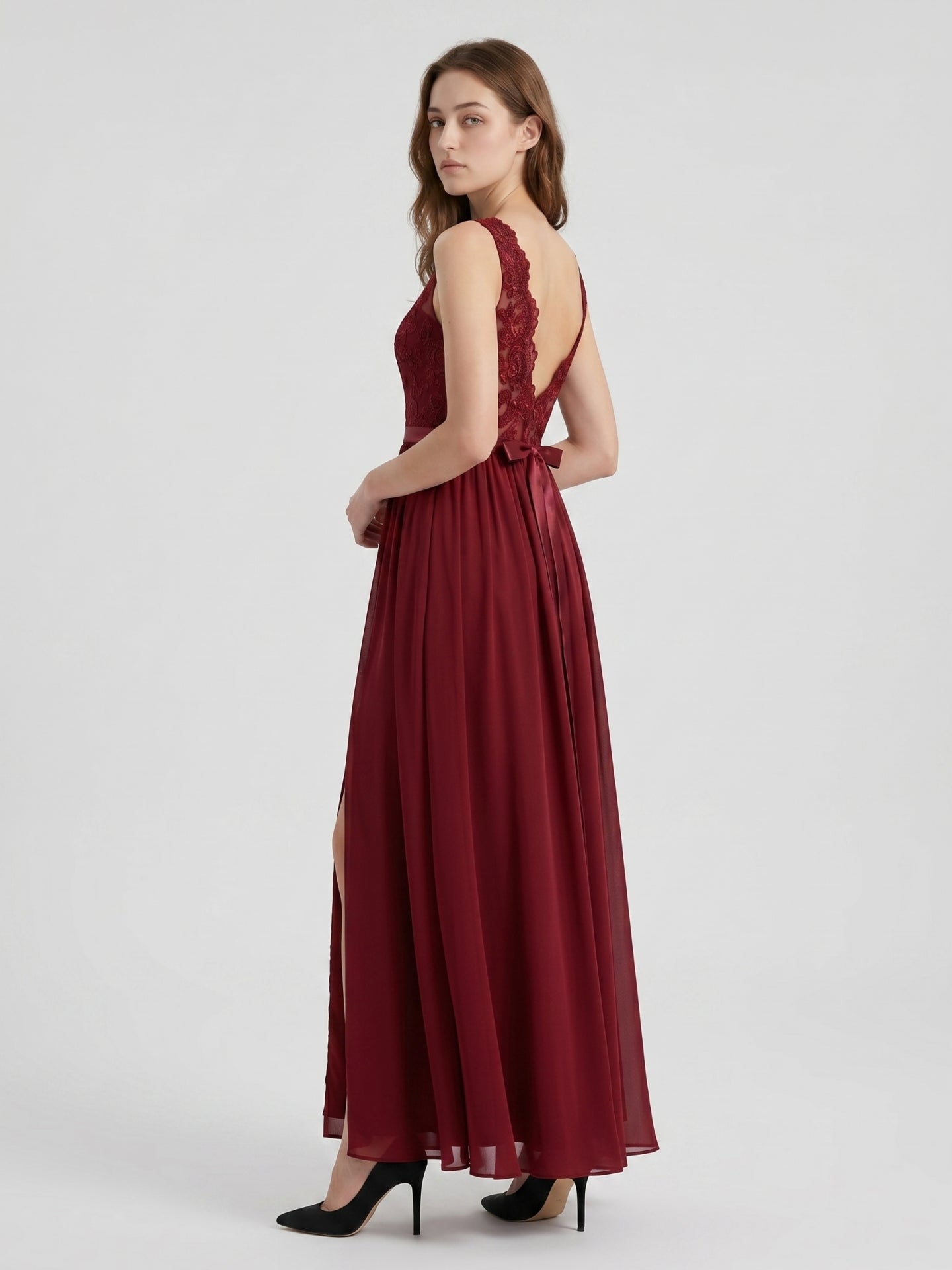 Burgundy Satin A-Line Scoop Neck V-Back Ankle-Length Bridesmaid Dress with Bow