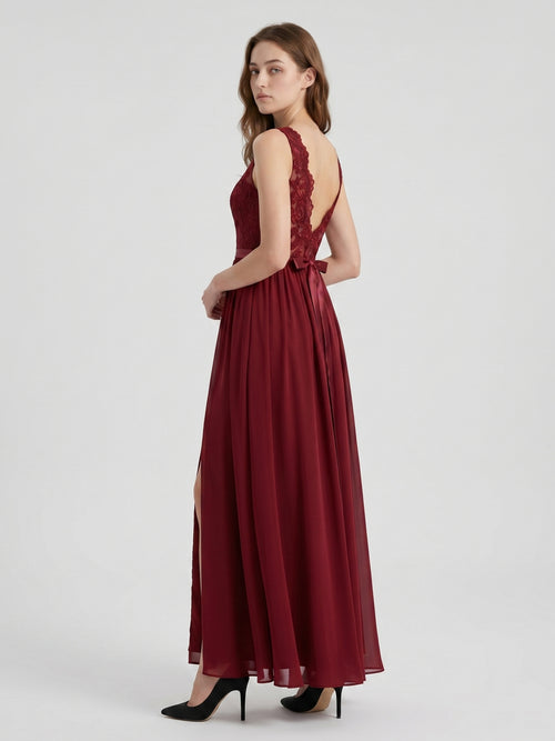 Burgundy Satin A-Line Scoop Neck V-Back Ankle-Length Bridesmaid Dress with Bow